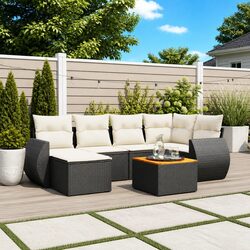 7 Piece Outdoor Garden Sofa Set Black Poly Rattan Patio Furniture with Cushions