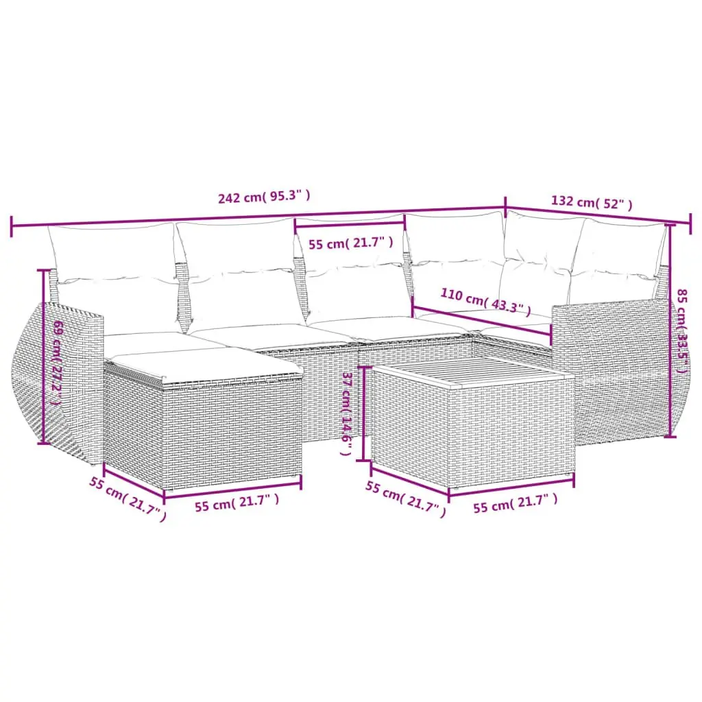 7 Piece Garden Sofa Set Outdoor Patio Furniture Grey Poly Rattan with Cushions