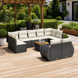 Garden Sofa Set 10 Piece Outdoor Furniture Black Poly Rattan with Cushions Patio