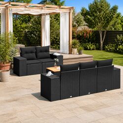 6 Piece Outdoor Garden Sofa Set with Cushions Black Poly Rattan Patio Furniture