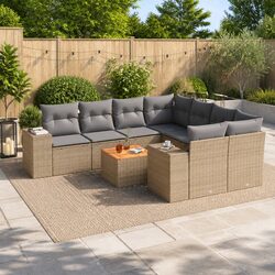 Garden Sofa Set 9 Piece Outdoor Furniture Beige Poly Rattan with Cushions Patio