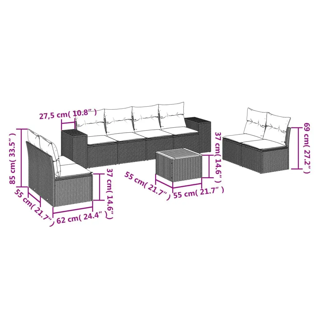 Outdoor Garden Sofa Set Modular 9 Piece Beige PE Rattan Furniture with Cushions