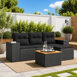 5 Piece Garden Sofa Set Outdoor Patio Furniture with Cushions Black Poly Rattan