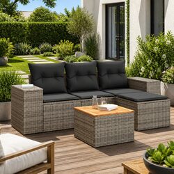 5 Piece Outdoor Garden Sofa Set with Cushions Grey Poly Rattan Patio Furniture