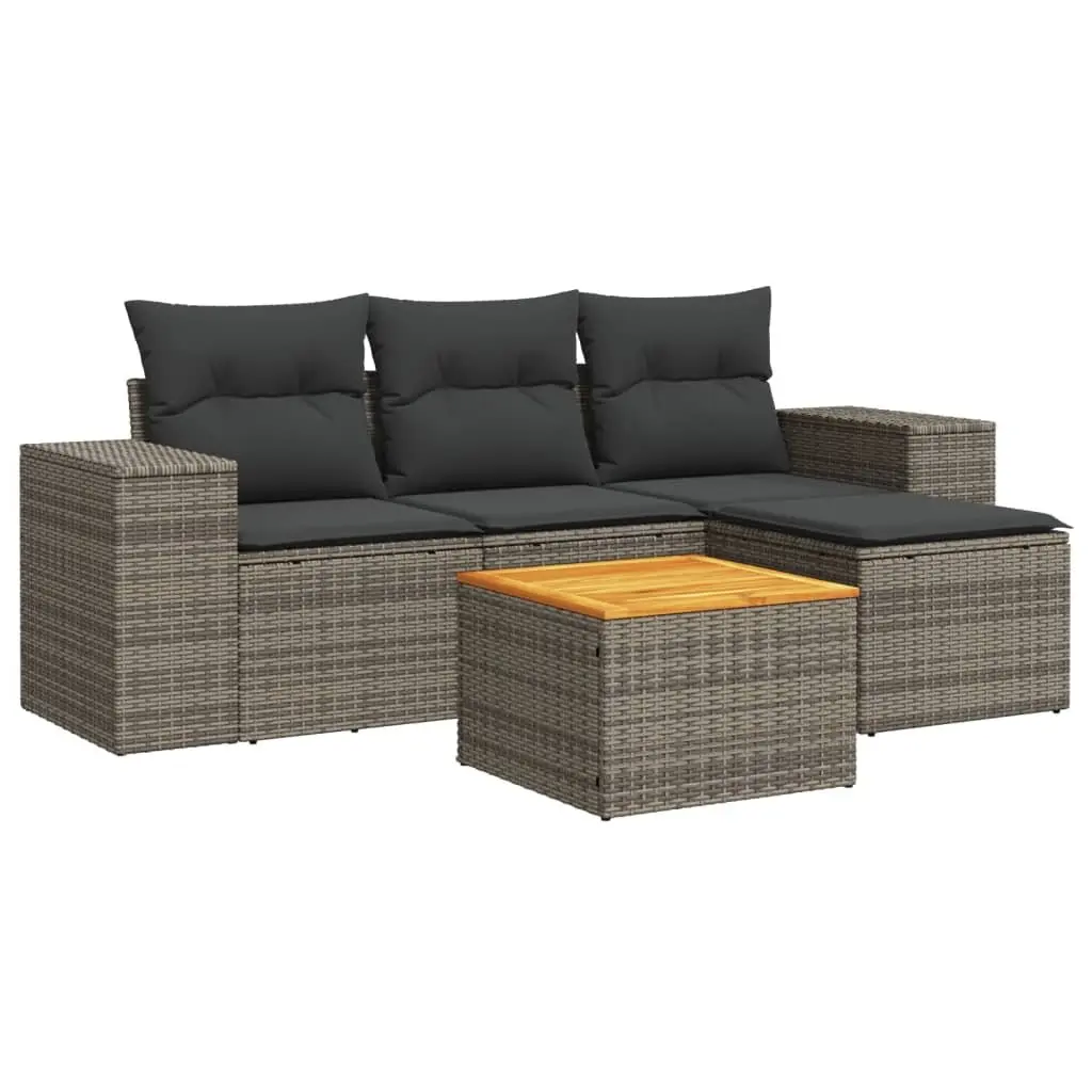 5 Piece Outdoor Garden Sofa Set with Cushions Grey Poly Rattan Patio Furniture