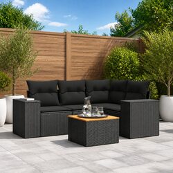 Outdoor Garden Sofa Set 5 Piece Black Poly Rattan Patio Furniture with Cushions