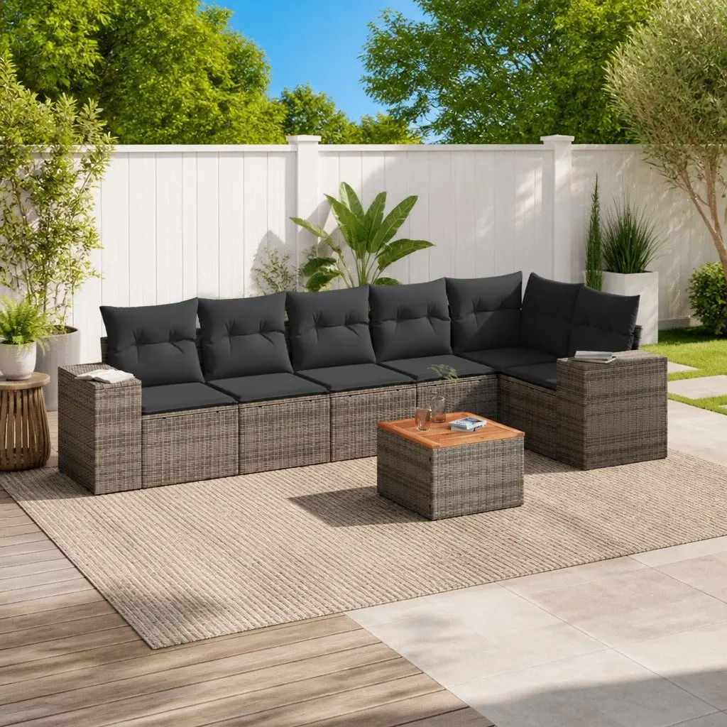 7 Piece Garden Sofa Set Grey Poly Rattan Outdoor Patio Furniture with Cushions