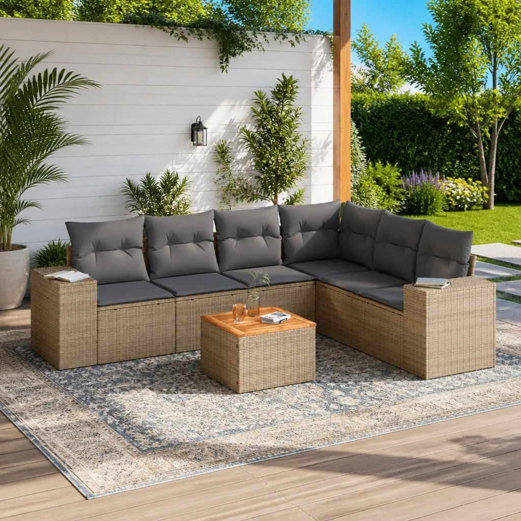 Outdoor Garden Sofa Set 7 Piece Patio Furniture with Cushions Beige Rattan