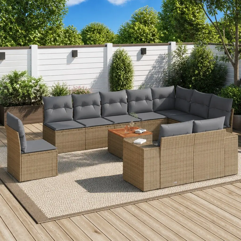 11 Piece Outdoor Garden Sofa Set with Cushions Beige Poly Rattan Patio Furniture