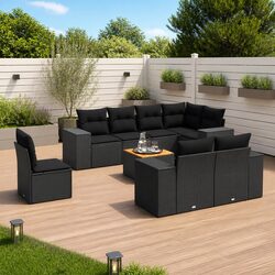 Garden Sofa Set 9 Piece Outdoor Furniture Black Poly Rattan with Cushions