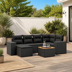 7 Piece Garden Sofa Set with Cushions Black Poly Rattan Outdoor Patio Furniture