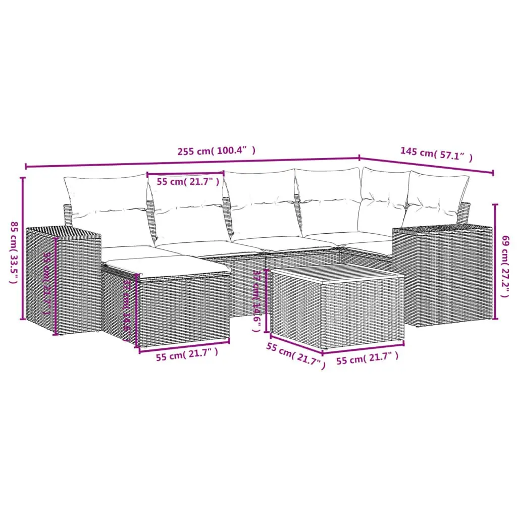 7 Piece Outdoor Garden Sofa Set Grey Poly Rattan Patio Furniture with Cushions