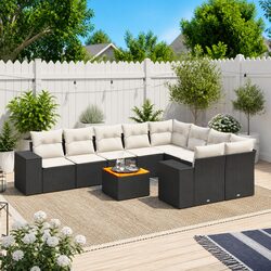 10 Piece Garden Sofa Set Outdoor Patio Furniture Black Poly Rattan with Cushions