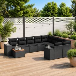 Garden Sofa Set 10 Piece Outdoor Furniture Black Poly Rattan with Cushions Patio