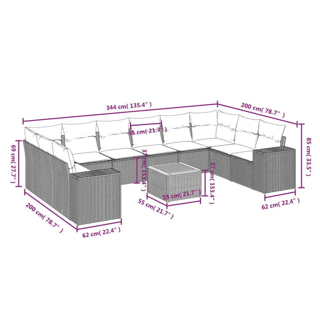 11 Piece Garden Sofa Set Outdoor Furniture Beige Patio Lounge with Cushions