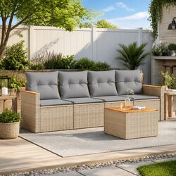 5 Piece Garden Sofa Set Beige Outdoor Patio Furniture Poly Rattan with Cushions
