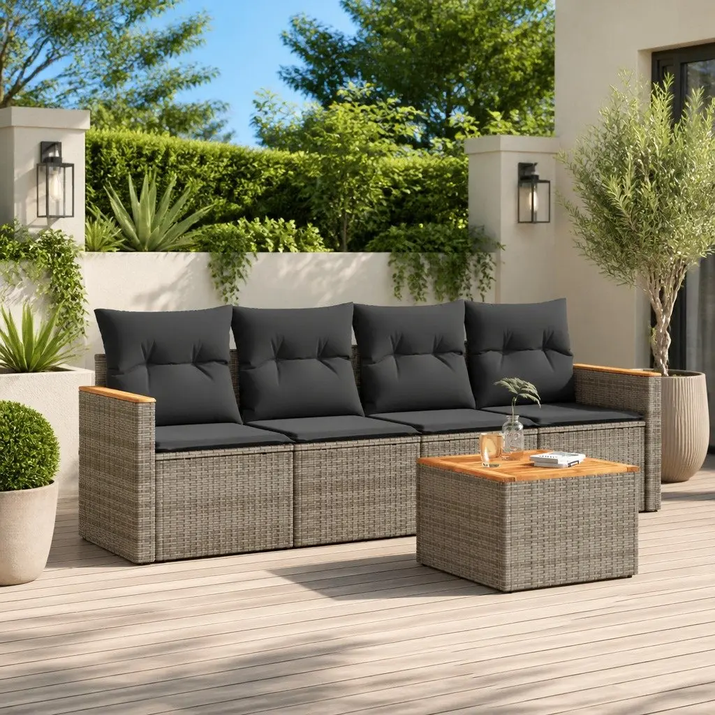5 Piece Garden Sofa Set with Cushions Grey Outdoor Patio Furniture Rattan