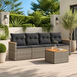 5 Piece Garden Sofa Set with Cushions Grey Outdoor Patio Furniture Rattan