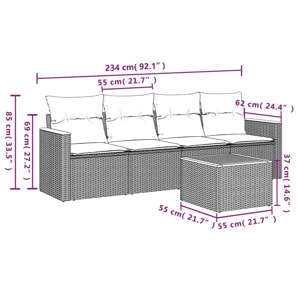 5 Piece Garden Sofa Set with Cushions Grey Outdoor Patio Furniture Rattan