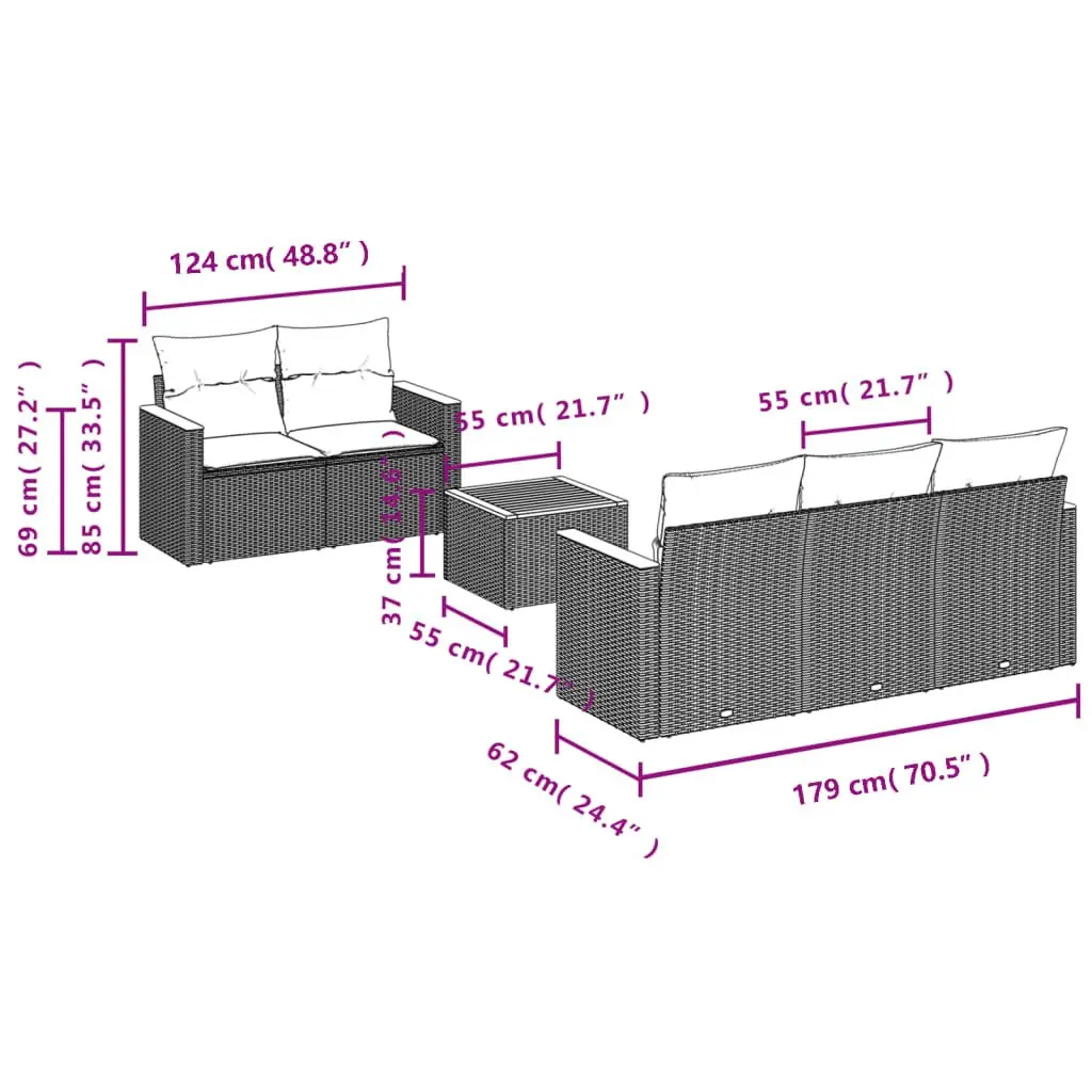 Garden Sofa Set Modular 6 Piece Grey PE Rattan Outdoor Furniture with Acacia Wood Tabletop and Powder Coated Steel Frame