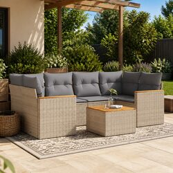 Outdoor Garden Sofa Set 7 Piece Beige Poly Rattan Furniture Patio Lounge Modular