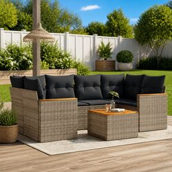 7 Piece Garden Sofa Set with Cushions Grey Outdoor Patio Furniture Poly Rattan
