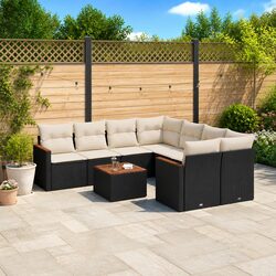 9 Piece Outdoor Garden Sofa Set Black Poly Rattan Patio Furniture with Cushions