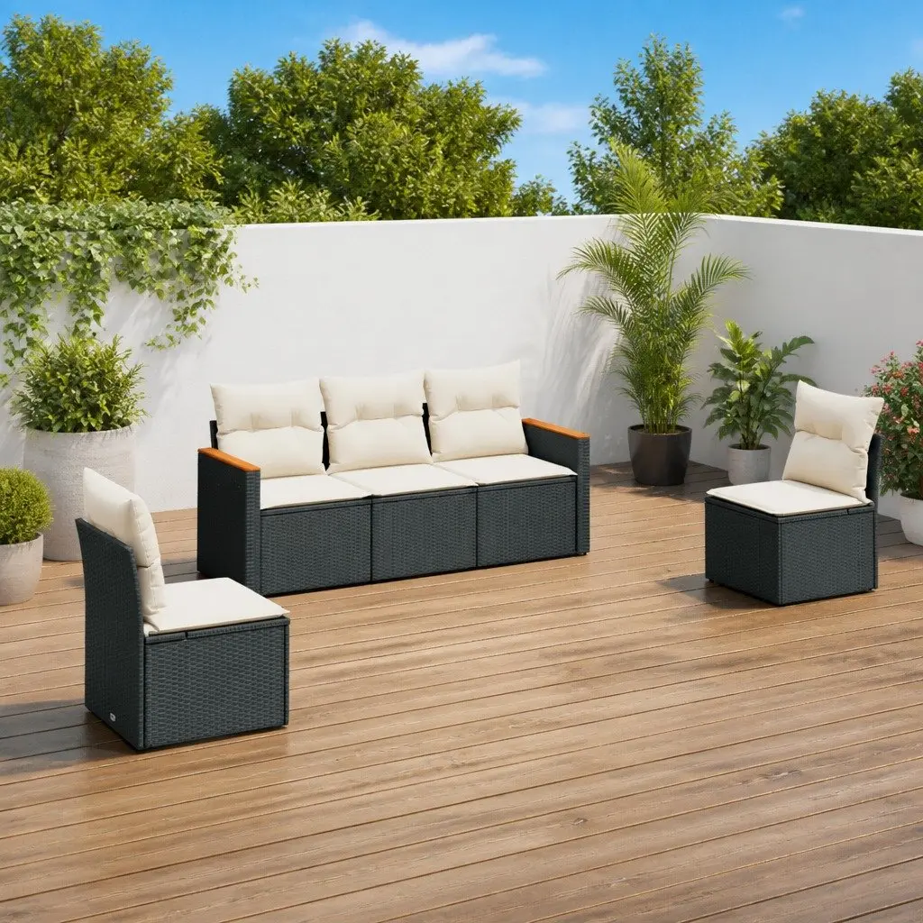 5 Piece Garden Sofa Set Outdoor Furniture Patio Sectional Black Poly Rattan