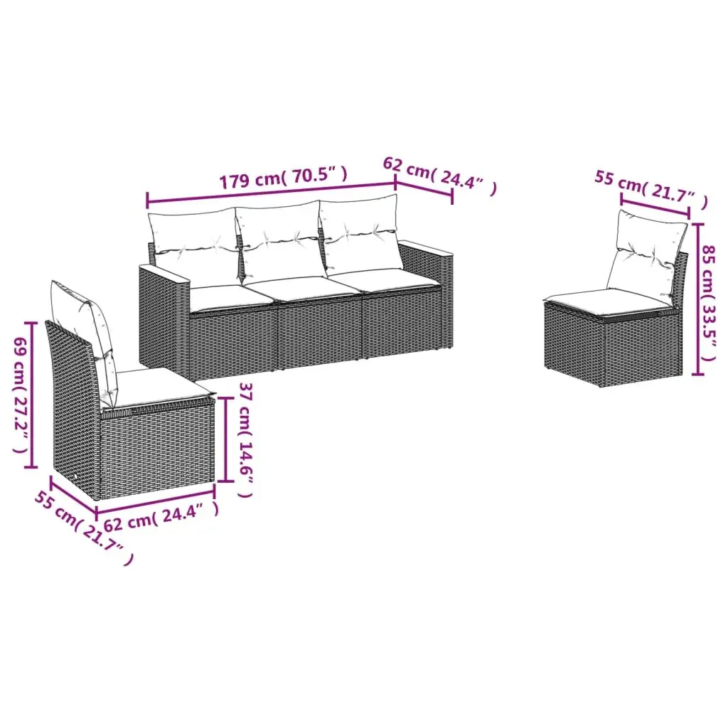 5 Piece Garden Sofa Set Outdoor Furniture Patio Sectional Black Poly Rattan