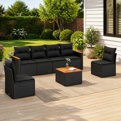7 Piece Garden Sofa Set Outdoor Patio Furniture Black Poly Rattan with Cushions