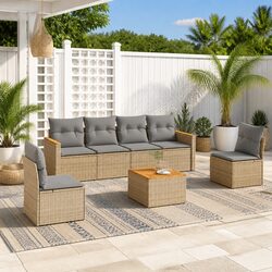 Garden Sofa Set 7 Piece Outdoor Furniture Patio Beige Poly Rattan with Cushions