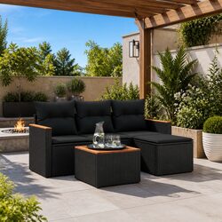 5 Piece Outdoor Garden Sofa Set with Cushions Black Poly Rattan Patio Furniture
