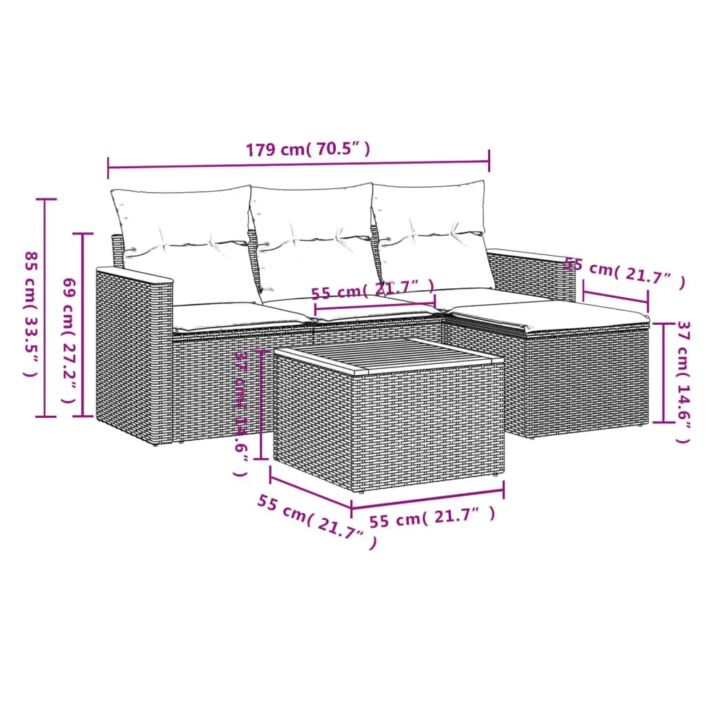 5 Piece Garden Sofa Set Outdoor Patio Furniture with Cushions Grey Poly Rattan