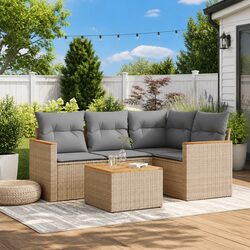 Garden Sofa Set 5 Piece Outdoor Furniture Beige Poly Rattan Modular Patio Lounge