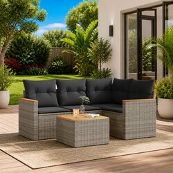 Outdoor Garden Sofa Set 5 Piece Grey Poly Rattan Patio Furniture with Cushions