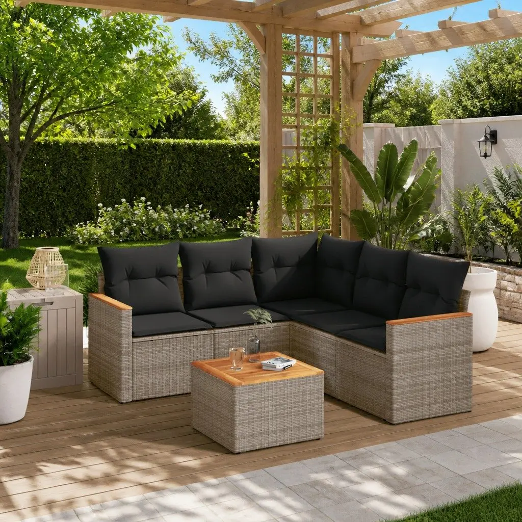 6 Piece Garden Sofa Set Outdoor Furniture PE Rattan Grey with Acacia Wood Table Top and Removable Cushions