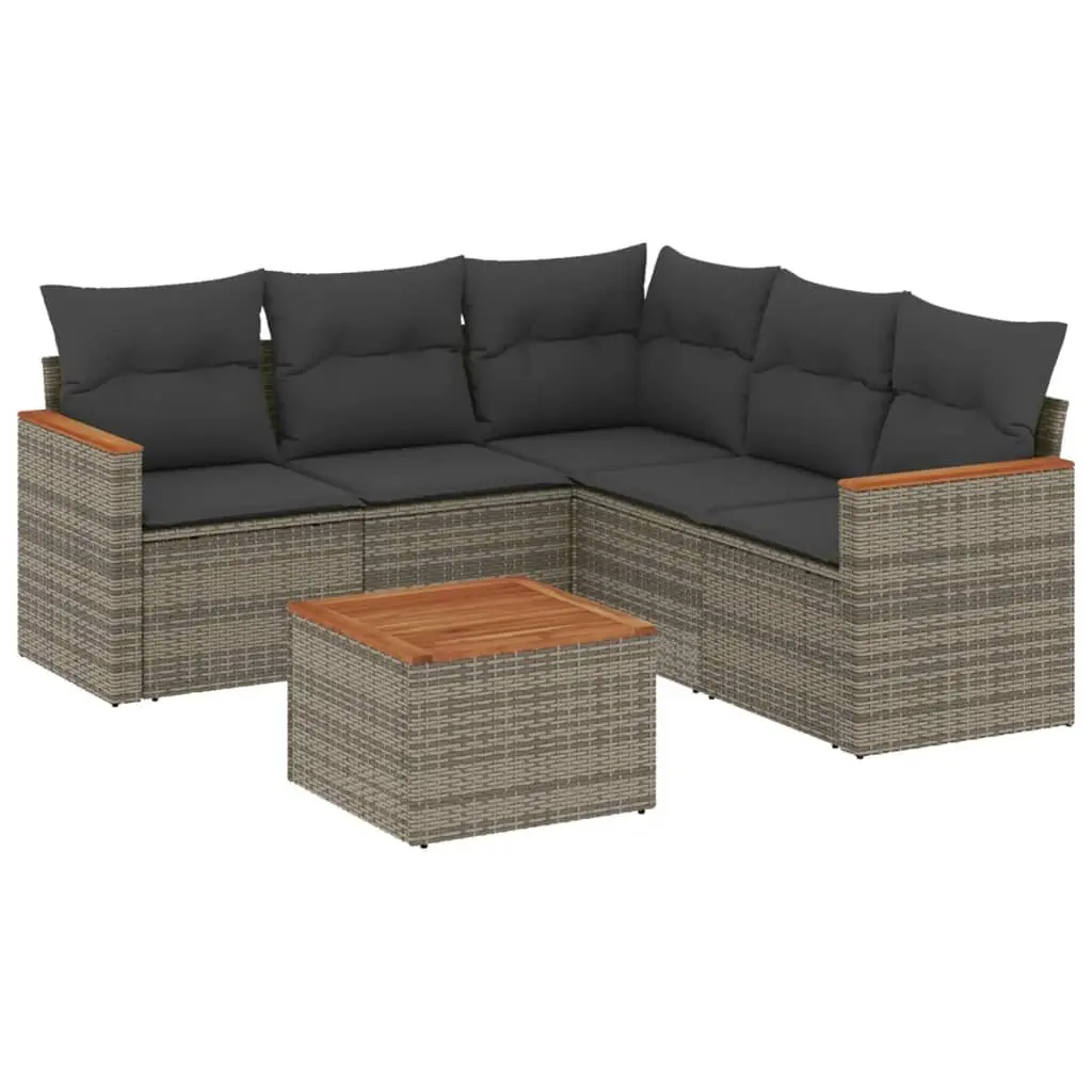6 Piece Garden Sofa Set Outdoor Furniture PE Rattan Grey with Acacia Wood Table Top and Removable Cushions
