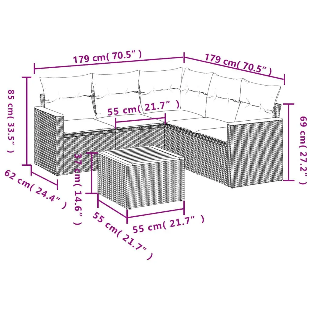 6 Piece Garden Sofa Set Outdoor Furniture PE Rattan Grey with Acacia Wood Table Top and Removable Cushions