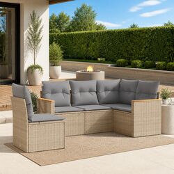 Outdoor Garden Sofa Set 5 Piece Patio Furniture Beige Poly Rattan with Cushions