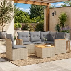 Garden Sofa Set 6 Piece Outdoor Patio Furniture Beige Poly Rattan with Cushions
