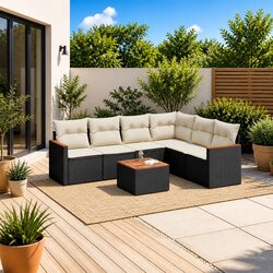 7 Piece Garden Sofa Set Outdoor Patio Furniture with Cushions Black Poly Rattan