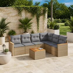 Garden Sofa Set 7 Piece Outdoor Furniture Patio Beige Poly Rattan Modular