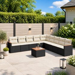 10 Piece Garden Sofa Set Outdoor Patio Furniture Black Poly Rattan with Cushions