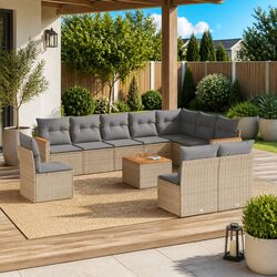 Garden Sofa Set 11 Piece Outdoor Furniture Beige Poly Rattan Patio Lounge