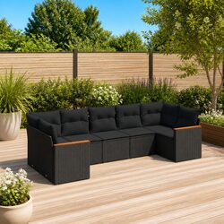 7 Piece Outdoor Garden Sofa Set with Cushions Black Rattan Patio Furniture