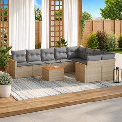 Garden Sofa Set 10 Piece Outdoor Furniture Patio Beige Poly Rattan with Cushions