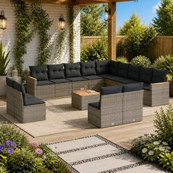 Garden Sofa Set 14 Piece Outdoor Furniture Grey Poly Rattan Patio Modular