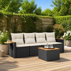 5 Piece Outdoor Garden Sofa Set with Cushions Black Patio Furniture Rattan