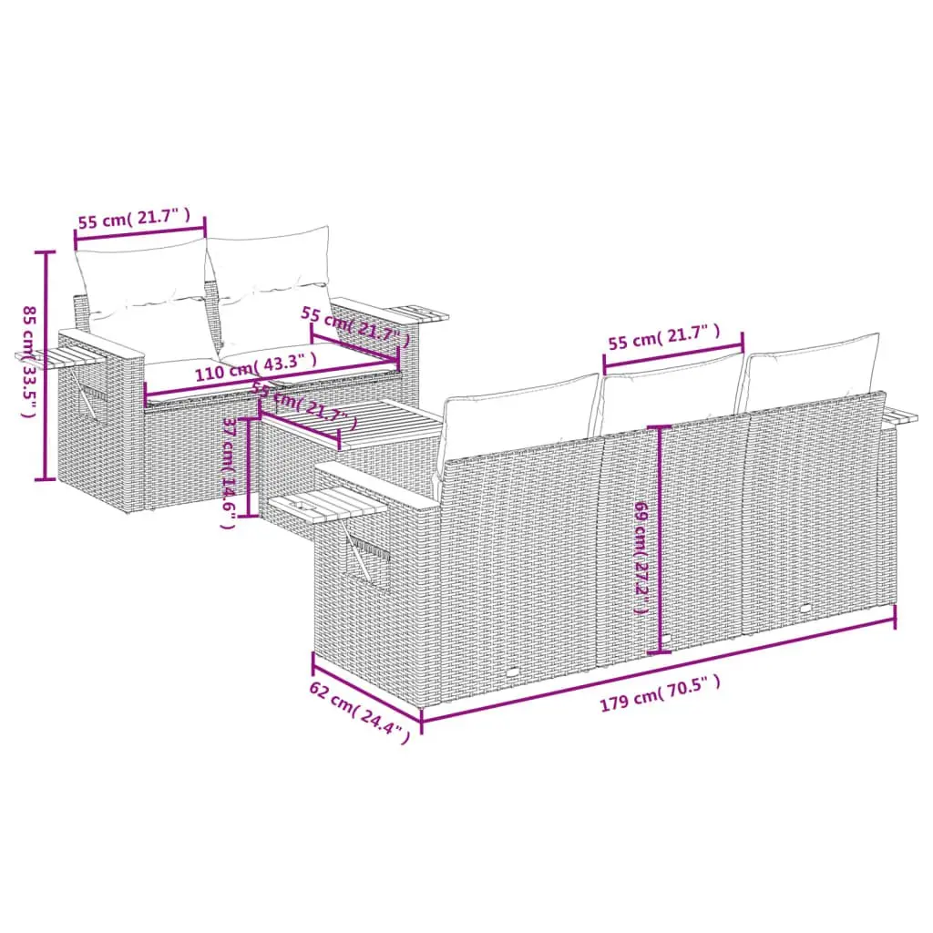 6 Piece Garden Sofa Set Outdoor Patio Furniture with Cushions Grey Rattan