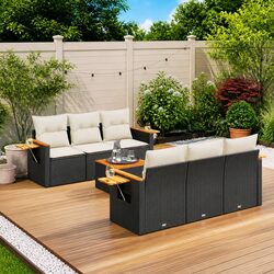 7 Piece Outdoor Garden Sofa Set with Cushions Black Poly Rattan Patio Furniture